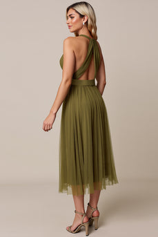 Olive A Line Pleated Halter Tulle Long Bridesmaid Dress