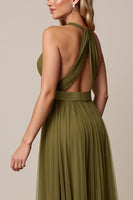 Load image into Gallery viewer, Olive A Line Pleated Halter Tulle Long Bridesmaid Dress