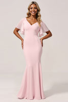 Load image into Gallery viewer, Candy Pink Mermaid V-Neck Satin Long Bridesmaid Dress