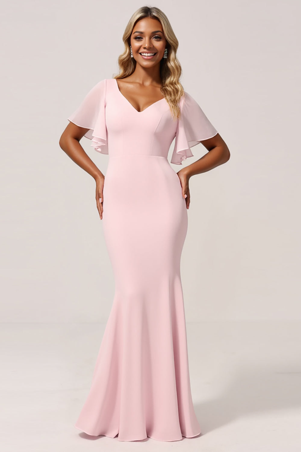 Candy Pink Mermaid V-Neck Satin Long Bridesmaid Dress