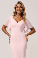 Load image into Gallery viewer, Candy Pink Mermaid V-Neck Satin Long Bridesmaid Dress