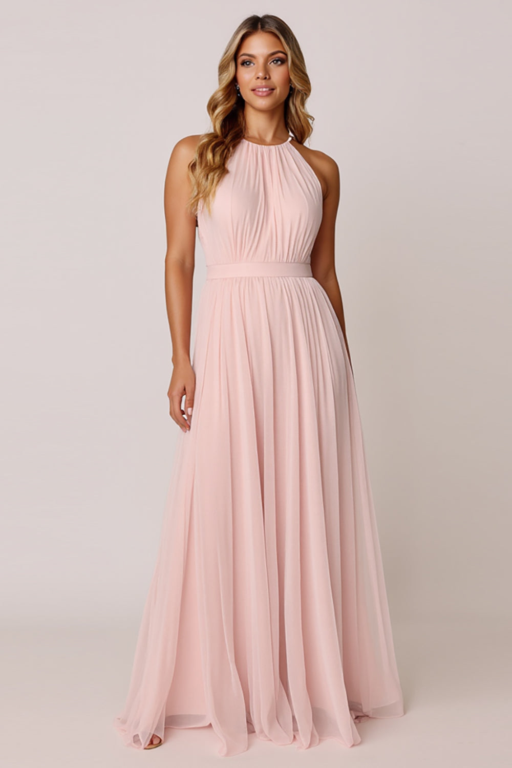 Candy Pink A Line Halter Pleated Long Bridesmaid Dress