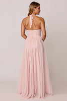 Load image into Gallery viewer, Candy Pink A Line Halter Pleated Long Bridesmaid Dress