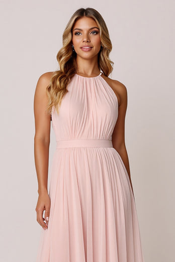 Candy Pink A Line Halter Pleated Long Bridesmaid Dress