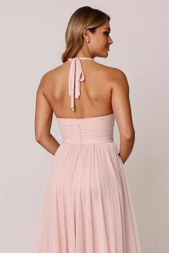 Candy Pink A Line Halter Pleated Long Bridesmaid Dress
