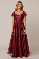 Load image into Gallery viewer, Cabernet A Line Appliqued Long Bridesmaid Dress with Sleeves