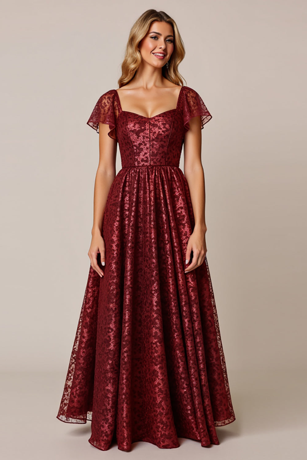 Cabernet A Line Appliqued Long Bridesmaid Dress with Sleeves