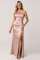 Load image into Gallery viewer, Dusty Rose Sheath Satin One Shoulder Long Bridesmaid Dress with Slit