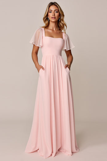 Candy Pink A Line Square Neck Chiffon Long Bridesmaid Dress