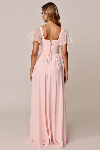 Candy Pink A Line Square Neck Chiffon Long Bridesmaid Dress