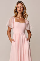 Load image into Gallery viewer, Candy Pink A Line Square Neck Chiffon Long Bridesmaid Dress