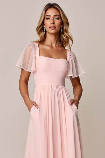 Candy Pink A Line Square Neck Chiffon Long Bridesmaid Dress