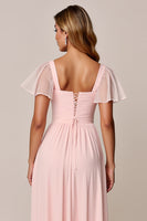 Load image into Gallery viewer, Candy Pink A Line Square Neck Chiffon Long Bridesmaid Dress