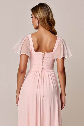 Candy Pink A Line Square Neck Chiffon Long Bridesmaid Dress
