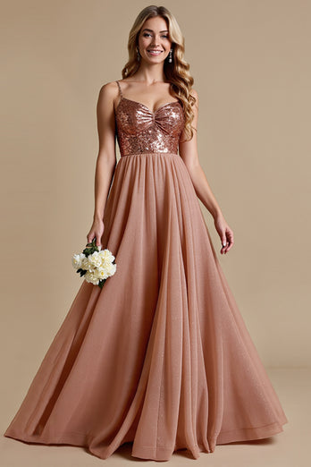 Sparkly Dusty Rose A Line Spaghetti Staps Long Bridesmaid Dress
