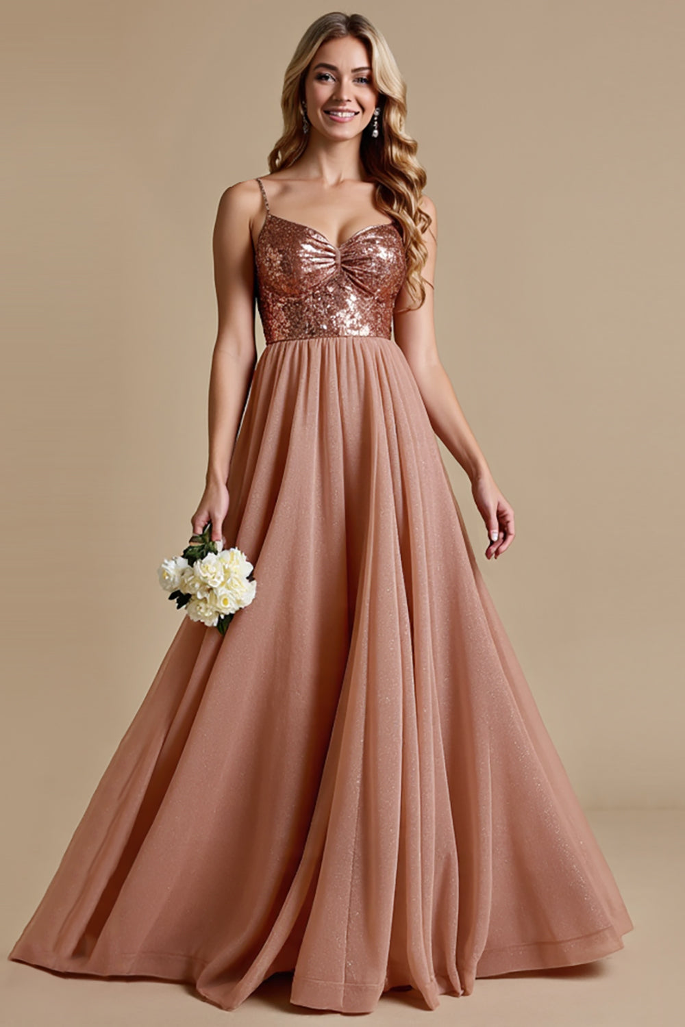 Sparkly Dusty Rose A Line Spaghetti Staps Long Bridesmaid Dress