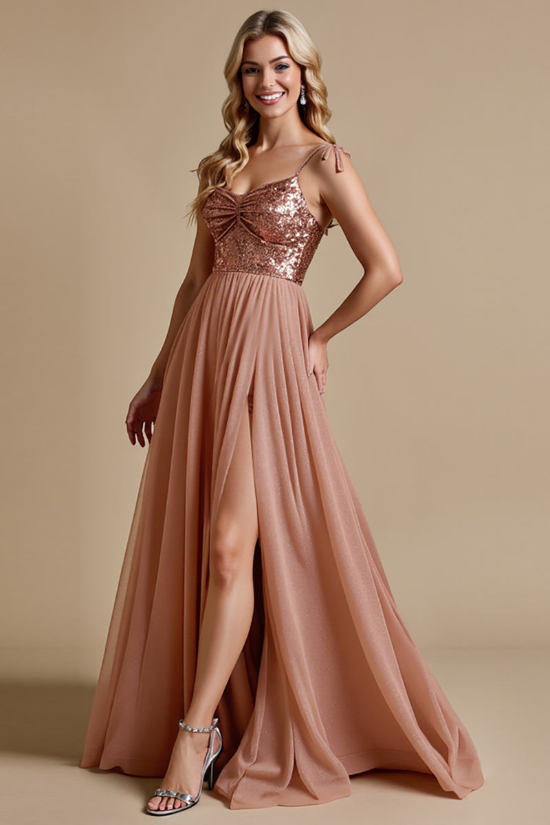 Load image into Gallery viewer, Sparkly Dusty Rose A Line Spaghetti Staps Long Bridesmaid Dress