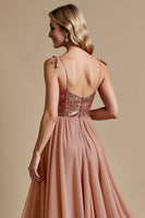 Load image into Gallery viewer, Sparkly Dusty Rose A Line Spaghetti Staps Long Bridesmaid Dress