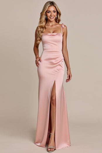 Blush Sheath Spaghetti Straps Satin Long Bridesmaid Dress with Slit