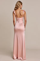 Load image into Gallery viewer, Blush Sheath Spaghetti Straps Satin Long Bridesmaid Dress with Slit