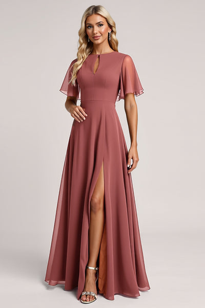 Vintage Mauve A Line Keyhole Long Bridesmaid Dress with Slit