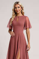 Load image into Gallery viewer, Vintage Mauve A Line Keyhole Long Bridesmaid Dress with Slit