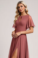 Load image into Gallery viewer, Vintage Mauve A Line Keyhole Long Bridesmaid Dress with Slit