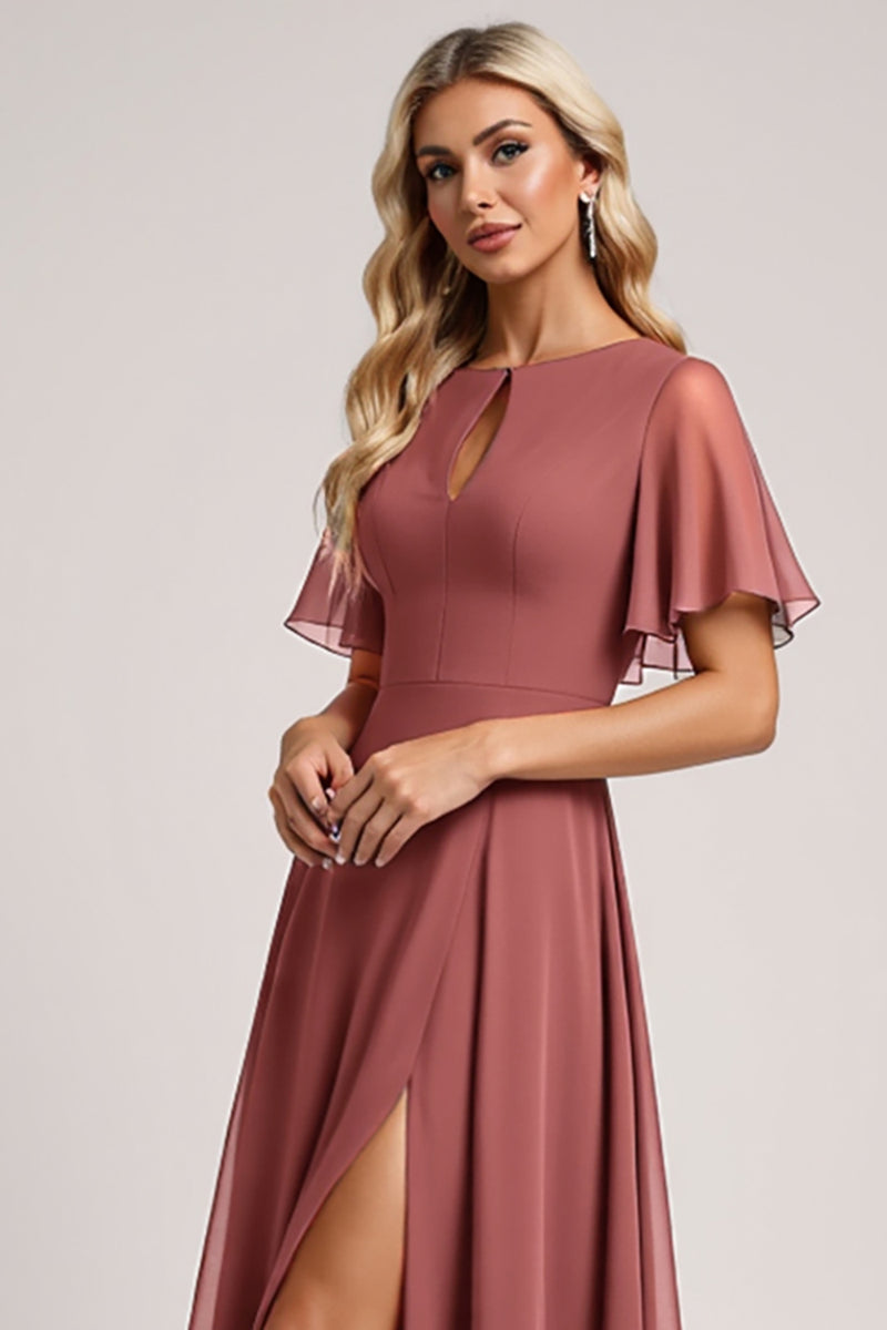 Load image into Gallery viewer, Vintage Mauve A Line Keyhole Long Bridesmaid Dress with Slit
