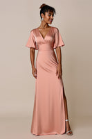 Load image into Gallery viewer, Blush V-Neck Satin Long Bridesmaid Dress with Slit