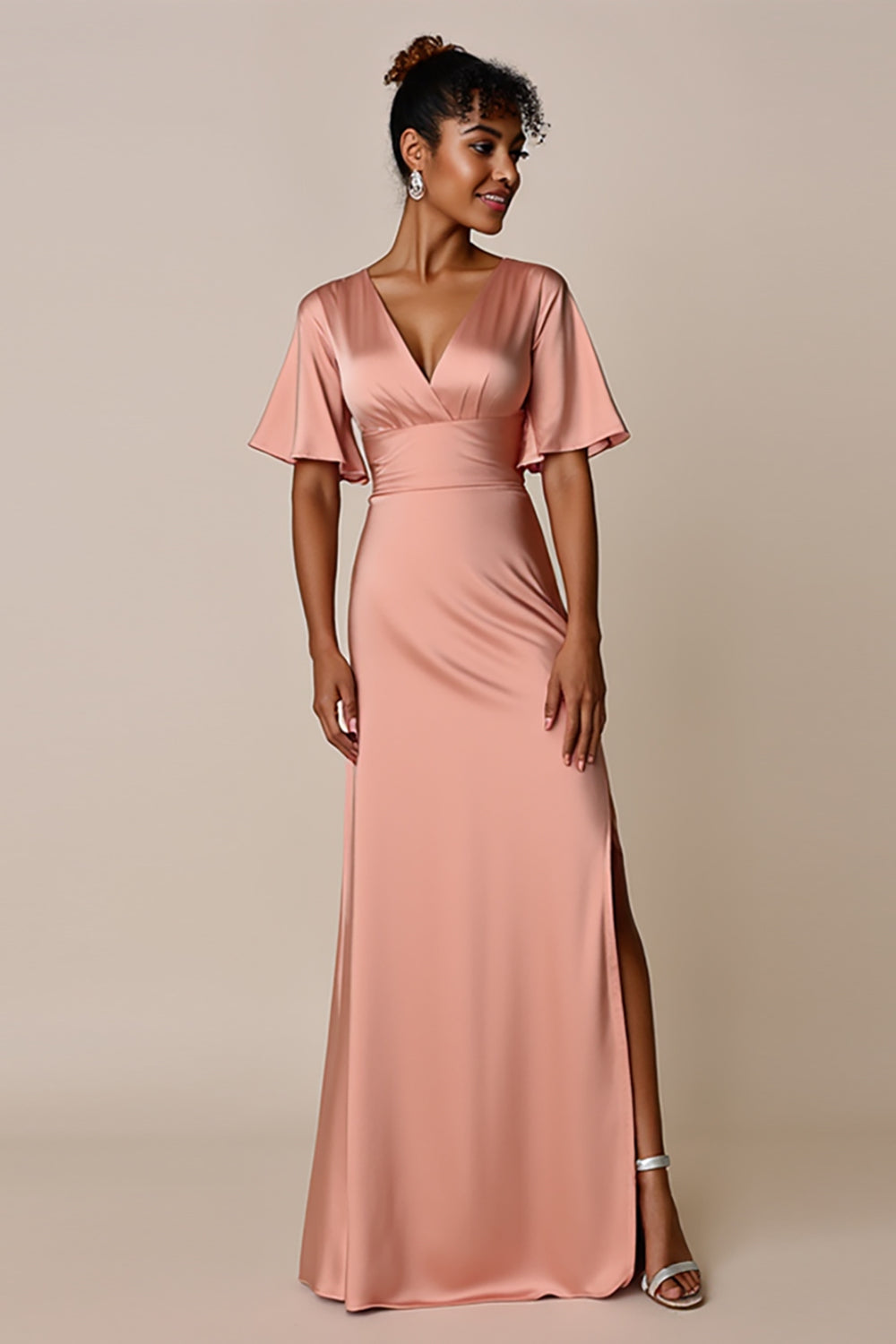 Blush V-Neck Satin Long Bridesmaid Dress with Slit