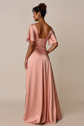 Blush V-Neck Satin Long Bridesmaid Dress with Slit