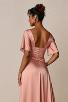 Load image into Gallery viewer, Blush V-Neck Satin Long Bridesmaid Dress with Slit