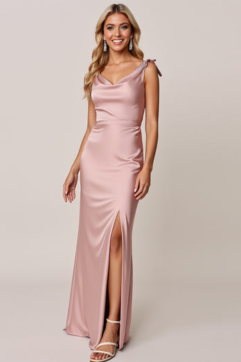 Candy Pink Sheath Satin Long Bridesmaid Dress with Slit