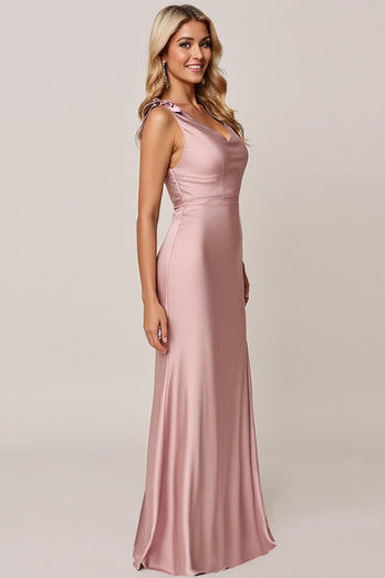 Candy Pink Sheath Satin Long Bridesmaid Dress with Slit