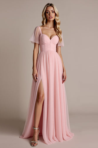 Candy Pink A Line Sweetheart Tulle Long Bridesmaid Dress with Slit