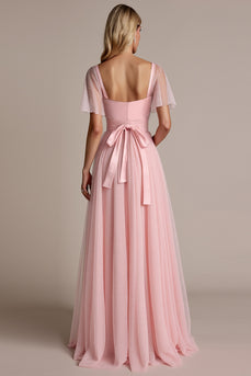 Candy Pink A Line Sweetheart Tulle Long Bridesmaid Dress with Slit