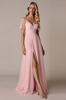 Load image into Gallery viewer, Candy Pink A Line Sweetheart Tulle Long Bridesmaid Dress with Slit