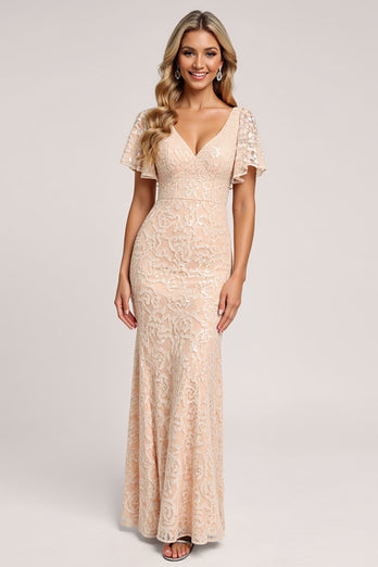 Apricot Sheath V-Neck Long Bridesmaid Dress with Appliques