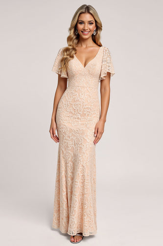 Apricot Sheath V-Neck Long Bridesmaid Dress with Appliques