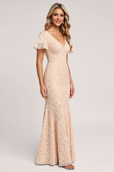Apricot Sheath V-Neck Long Bridesmaid Dress with Appliques