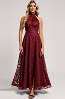 Load image into Gallery viewer, Cabernet A Line Halter Ruched Lace Long Bridesmaid Dress with Appliques