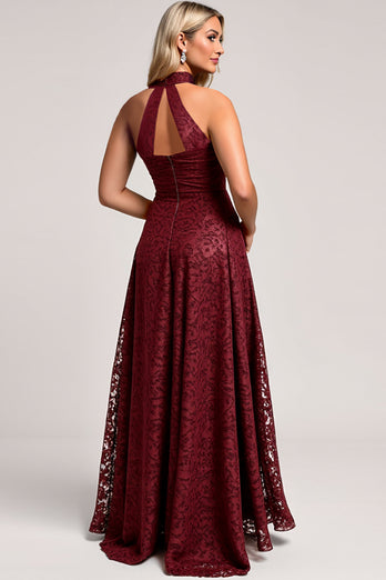 Cabernet A Line Halter Ruched Lace Long Bridesmaid Dress with Appliques