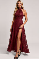 Load image into Gallery viewer, Cabernet A Line Halter Ruched Lace Long Bridesmaid Dress with Appliques