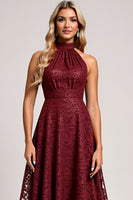 Load image into Gallery viewer, Cabernet A Line Halter Ruched Lace Long Bridesmaid Dress with Appliques