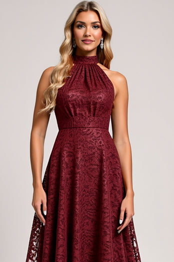 Cabernet A Line Halter Ruched Lace Long Bridesmaid Dress with Appliques