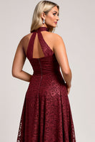 Load image into Gallery viewer, Cabernet A Line Halter Ruched Lace Long Bridesmaid Dress with Appliques
