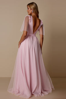 Candy Pink A Line V-Neck Tulle Long Bridesmaid Dress
