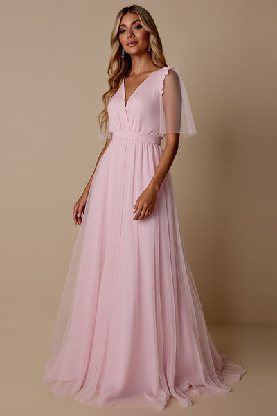Candy Pink A Line V-Neck Tulle Long Bridesmaid Dress