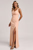 Load image into Gallery viewer, Blush Sheath V-Neck Ruched Long Bridesmaid Dress with Slit