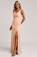 Load image into Gallery viewer, Blush Sheath V-Neck Ruched Long Bridesmaid Dress with Slit